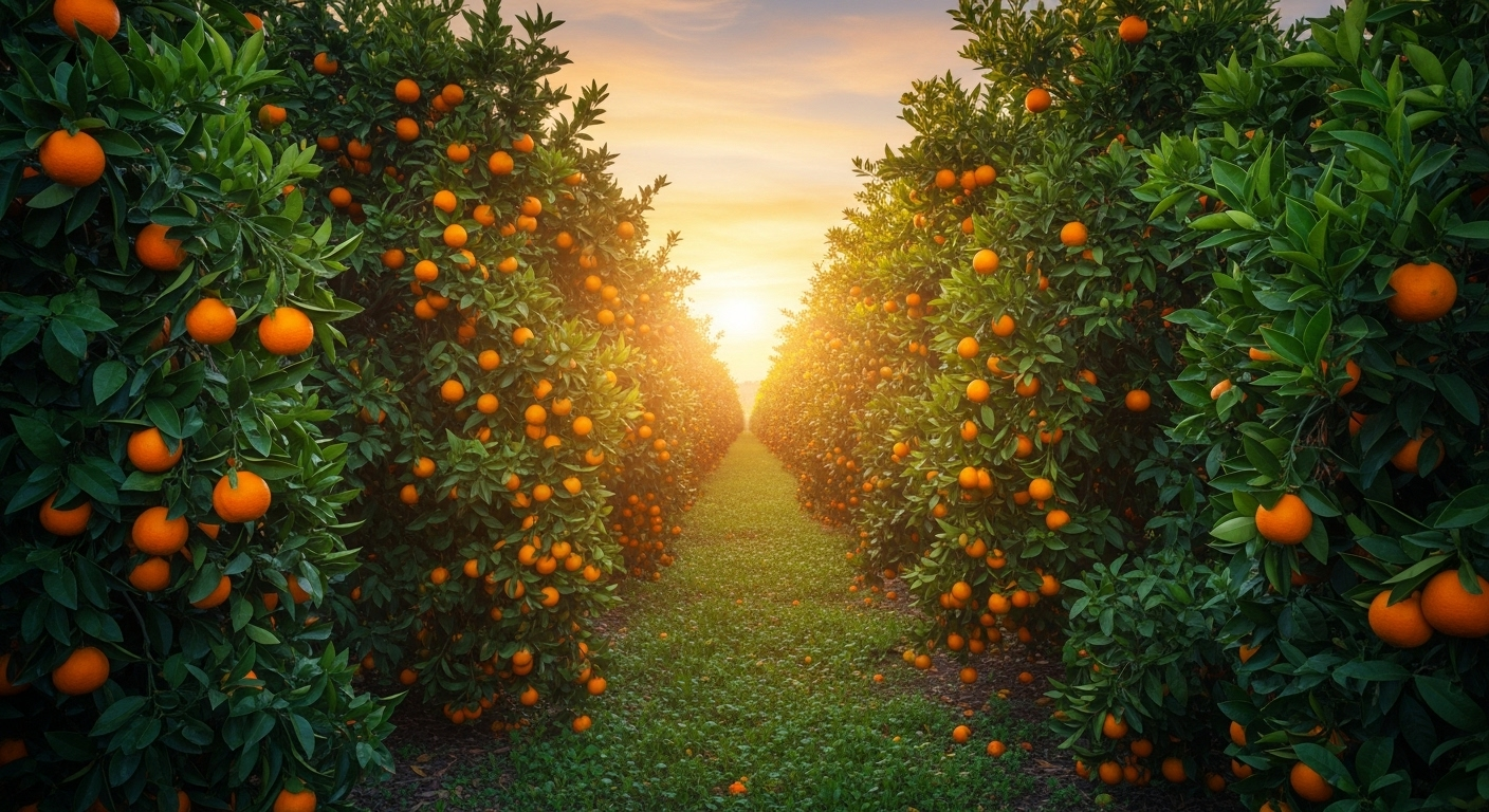 Orangenplantage zum Sonnenuntergang